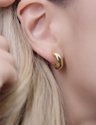 FAN&LOUIS Gold Silver Clip On Hoop Earrings,14K Gold Plated Chunky Gold Small Huggie Hoops Clip-On Earrings for Women│Small Wide Round Hoop Clip On Earrings - style: Gold