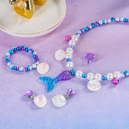 Mermaid Necklace Bracelet Set Mermaid Jewelry Kit Included Shell Necklace Bracelet Ring Earrings Accessories - color: Purple+pink