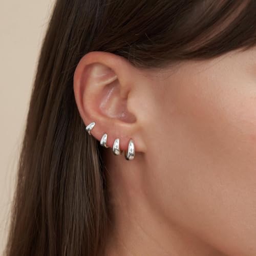 CHESKY 4 Pairs Small Huggie Hoop Earrings for Women - Chunky 14K Gold Plated/Silver Plated Lightweight Earring Stacks Cartilage Hoop Earrings Set for Multiple Piercing Trendy Jewelry - style: 4hoops-sl