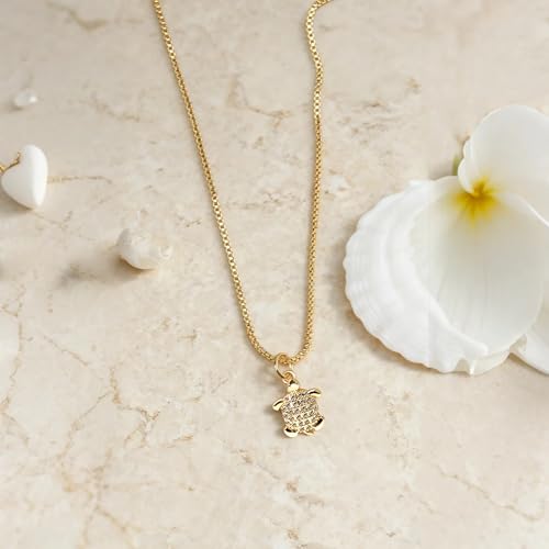 Dainty Gold Necklace for Women, 14K Gold Plated Cubic Zirconia Pendant Necklace, Dainty Fish Sea Turtle Pendant Necklace Ocean Beach Cute Trendy Gold Jewelry Necklaces for Women Gift - style: Sea Turtle