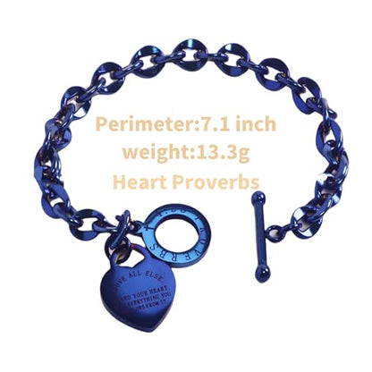 Heart Charm Bracelet Plated 18K Gold/Silver/Rose Gold Bible Scripture Heart Bracelet for Women Jewelry Gift Zircon Her Link Chain OT Clasp Stainless Steel Birthday - color: Blue, size: 7.1 inch