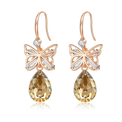 Austrian Crystal Teardrop Butterfly Drop Dangle Earrings for Women 14K Rose Gold Plated Hypoallergenic Jewelry - color: Light Topaz
