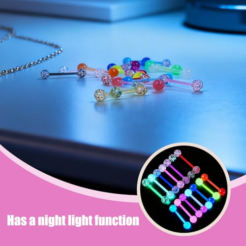 32 Pcs Glow in the Dark Acrylic Tongue Rings, 14G | Straight acrylic barbells, assorted luminous colors, lightweight body jewelry, daily and party styling