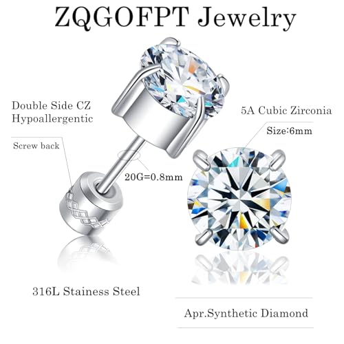 Titanium Flat Back Surgical Stainless Steel Stud Earrings for Women Men,Birthstone Stud Earrings Hypoallergenic Double Side 5A Cubic Zirconia Studs Jewelry 6mm - color: April (Diamond)