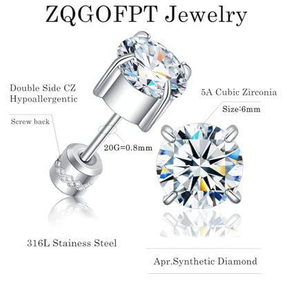 Titanium Flat Back Surgical Stainless Steel Stud Earrings for Women Men,Birthstone Stud Earrings Hypoallergenic Double Side 5A Cubic Zirconia Studs Jewelry 6mm - color: April (Diamond)