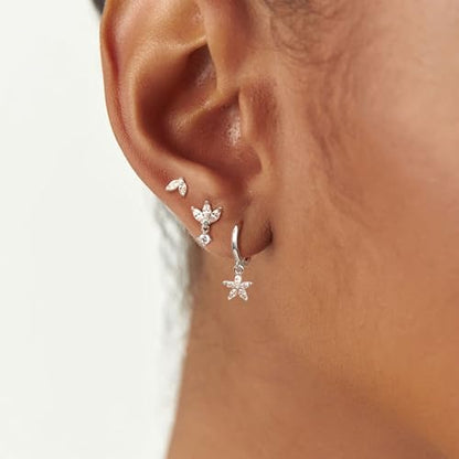 Sterling Silver Earrings Stacks for Women, Hypoallergenic Cartilage Earring | Dainty Stud Huggie Hoop Dangle Chain Earrings, 14K Gold/White Gold Plated - color: 3Pairs-Flower CZ Set-Silver