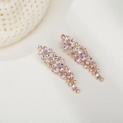 EleQueen Statement Sparkle Crystal Necklace Bracelet Dangle Earrings Set for Women, Art Deco Prom Chandelier Jewelry for Wedding Bridal - color: Pink-Gold-Plated-Base