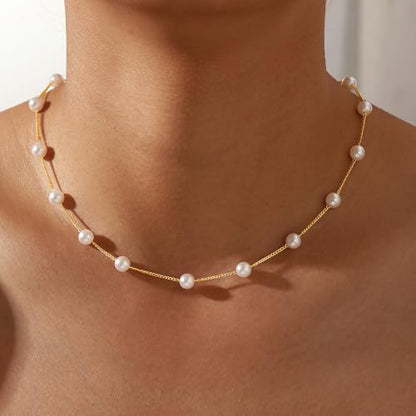 Ritach Pearl Necklaces for Women - Real Gold Plated Dainty Pearl Necklace Daisy Round Drop Pearl Choker Necklace Layered Gold Necklace for Women Teen Girls Bridesmaid Wedding Birthday Gifts - style: Gold-Satellite Pearl