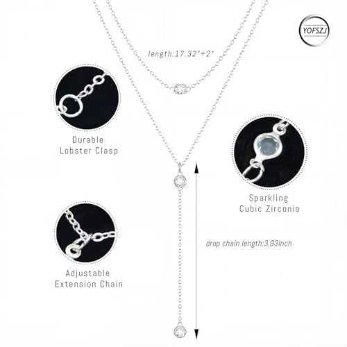 14K Gold Plated Y Necklace for Women – Dainty Lariat Long Pendant Chain, Layered Drop Necklace for V Neck Dress, Simple Sexy Cleavage Jewelry Gifts for Women - color: Silver - Double layered - Zircon