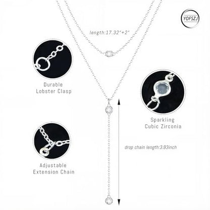 14K Gold Plated Y Necklace for Women – Dainty Lariat Long Pendant Chain, Layered Drop Necklace for V Neck Dress, Simple Sexy Cleavage Jewelry Gifts for Women - color: Silver - Double layered - Zircon