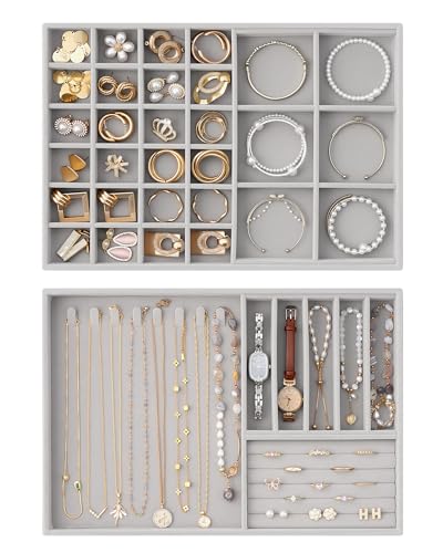Lolalet Jewelry Drawer Organizer Inserts, Stackable Velvet Tray Jewelry Storage Organizers Set Display Cases for Necklaces Bracelets Earrings Rings Chains Bangles Watches, Grey, Set of 2 - color: Grey, size: A4 Size, 2 Packs