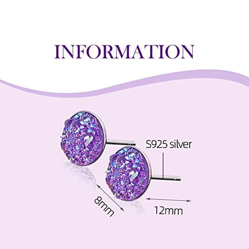 Silver-tone Faux Druzy Stud Earrings，925 Sterling Silver Hypoallergenic Natural Gemstone Earrings for Women Trendy Fashion - color: Purple