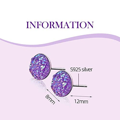 Silver-tone Faux Druzy Stud Earrings，925 Sterling Silver Hypoallergenic Natural Gemstone Earrings for Women Trendy Fashion - color: Purple