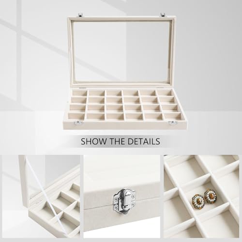 Wudygirl Jewelry Organizer Earring Holder Jewelry Tray with Lid Velvet Jewelry Box Jewelry Display Case Bracelet Earrings Ring Holder for Women Dresser (Beige 24 Grid Jewelry Tray) | 24 Grid Jewelry Organizer for Earrings, Perfect for Home Organization, J