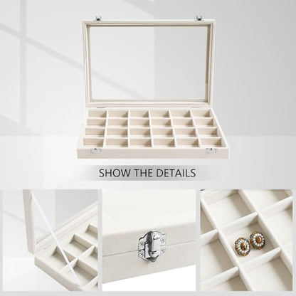 Wudygirl Jewelry Organizer Earring Holder Jewelry Tray with Lid Velvet Jewelry Box Jewelry Display Case Bracelet Earrings Ring Holder for Women Dresser (Beige 24 Grid Jewelry Tray) | 24 Grid Jewelry Organizer for Earrings, Perfect for Home Organization, J