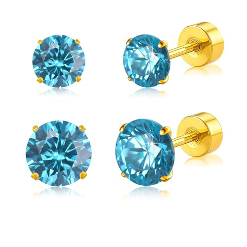 20G G23 Implant Grade Titanium Flat Back Stud Earrings for Women Men, Gold/White Gold Plated Tragus Labret Cartilage Helix F136 Piercing Jewelry for Sensitive Ears, with 4-6mm Cubic Zirconia - color: 2Pairs-20G-Golden-Aquamarine CZ-Stud Earring Sets