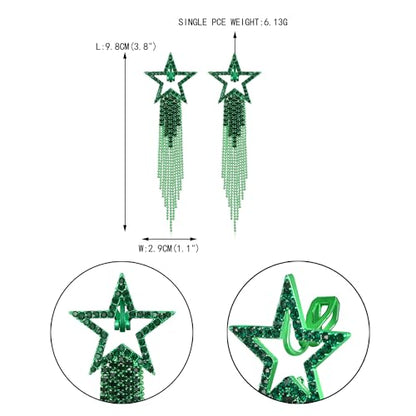 EVER FAITH Crystal Long Waterfall Star Tassel Clip-on Earrings for Women | Rhinestone Beaded Fringe Chandelier Dangle Statement Earring, Wedding Party Jewelry - color: Green Green-Tone