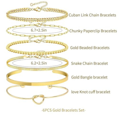 6Pcs 14K Gold Plated Bracelets for Women Layered Bangle Cuff Stack Set Adjustable Stacking Jewelry Set Gifts - color: 6PC-gold
