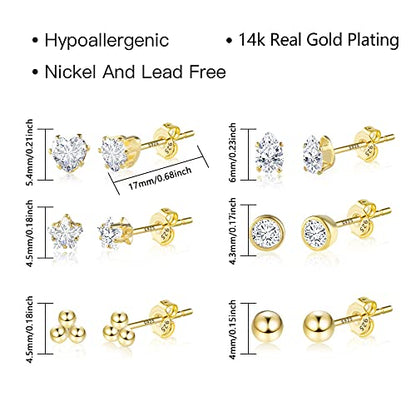 KISSPAT 6 Pairs Small Gold Stud Earrings Set for Women Hypoallergenic Silver post Tiny Stud Earrings Multiple Pack - color: A