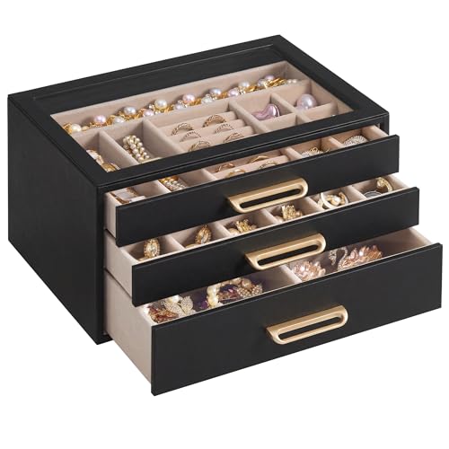 SONGMICS Jewelry Box with Glass Window, 3-Layer Organizer | Jewelry storage organizer with 3 drawers, Golden Handles, for Rings, Earrings, Bracelets, Gift Idea, Black UJBC206BZ01S - color: Black, size: 3-Tier