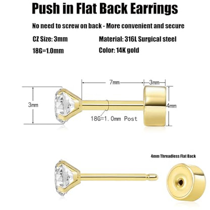 Threadless Flat Back Earrings, Hypoallergenic 14K Real Gold Plated CZ Stud Earrings | Cartilage Earring | Tragus Helix Piercing Jewelry | Push in Flatback Earrings for Women Men - color: Rose Gold, size: 3 Millimeters