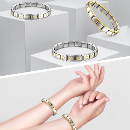 Huquary 6 Pcs Italian Charm Bracelets Shiny 9mm Starter 18 Links Stainless Steel Italian Bracelet Modular Links - color: Gold and Silver