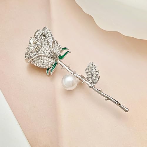 Anmpab Sparkling Rose Flower Brooch with Rhinestone Luxury Crystal Floral Pearl Pin for Women Wedding Bridal Jewelry for Blazer Dress Scarf Hat - color: Silver
