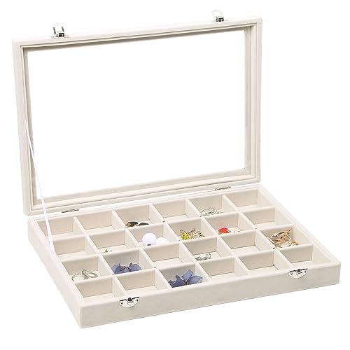 Stratalife Jewelry Organizer, Velvet Earring Storage Box, 13.78"x9.4" | 24 Grid Stackable Jewelry Tray with Clear Lid, Velvet Jewelry Box for Drawer, Necklace Trinket Display Organizer, Beige - color: Beige, size: 24 Grid