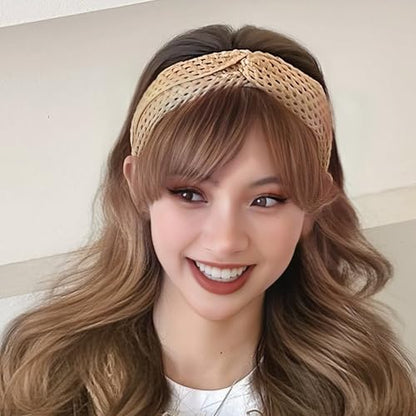 i-lan 3Pack Boho Rattan Woven Headbands, Comfy Wide Head Bands with Three Classical Black,Brown and Beige Hairband, Boho Padded Hair Band Headwear Hoop for Girls, Ladies, Women