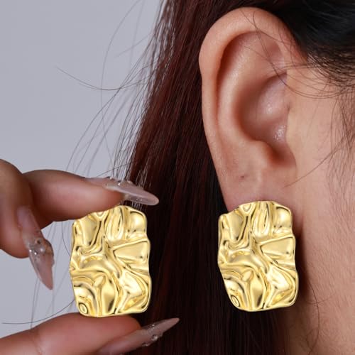 Geometric Rectangle Gold Plated Stud Earrings Irregular Hammered Chunky Statement Square Earrings for Women Trendy - color: Gold Rectangle