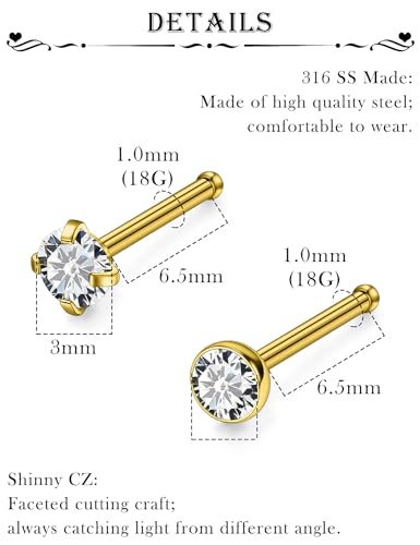 18G 20G 22G Stainless Surgical Steel Titanium Nose Rings Studs for Women L Shaped Nose Studs Screw Nose Rings Nostrial Piercing Jewelry for Women Men Silver Gold Black - style: 18G/3mm CZ/Straight/Gold