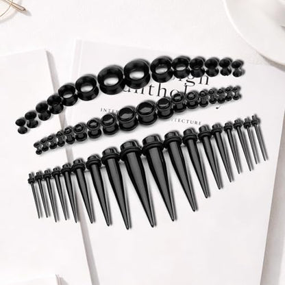 50Pcs Ear Stretching Kit 14G-00G: Acrylic Tapers Plugs Silicone Tunnels Hypoallergenic Gauges Expander Set Body Piercing Jewelry for Men Women - color: Black