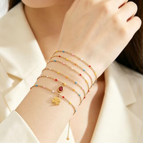 6 PCS Enamel Beaded Chains Bracelet Stainless Steel Link Bracelets | 6.7"+1.18", With Extender Chain, Fashion Jewelry Set, Gift For Women, Colorful, No Fade - color: Colorful Gold