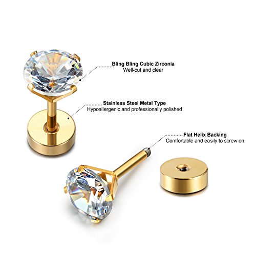 JewelrieShop Cartilage Tragus Earring Stainless Steel Stud Piercing Earring Flat Back Earrings Stud Flatback Screw Back Earrings for Women Men (16G, 6mm Bar Length, 3mm-7mm CZ, 5 Pairs) - color: 03. Gold with Clear White CZ