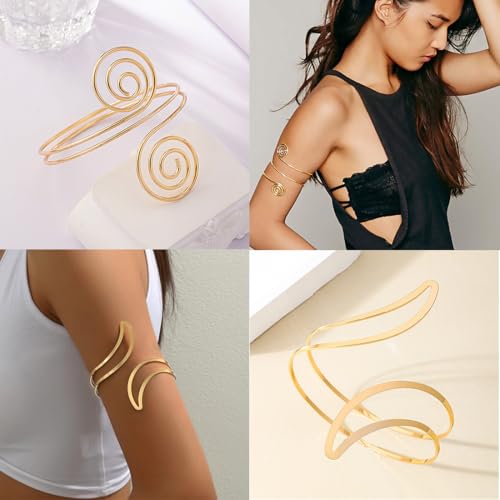 ItsStarred Minimalist Arm Cuff Gold Plated, Upper Arm Cuff Bangle Bracelet for Women, Adjustable Arm band Set 6 Pieces - color: A: 14K Gold Plated