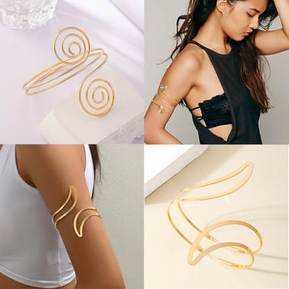 ItsStarred Minimalist Arm Cuff Gold Plated, Upper Arm Cuff Bangle Bracelet for Women, Adjustable Arm band Set 6 Pieces - color: A: 14K Gold Plated