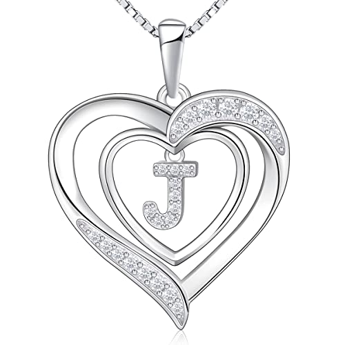RIVIKO Heart Initial Necklace for Women, 925 Sterling Silver Letter Pendant,Personalized Charm Alphabet Jewelry Valentines Mother's Day Anniversary Christmas Birthday Gifts for Women Her Mom Wife - color: Letter-J