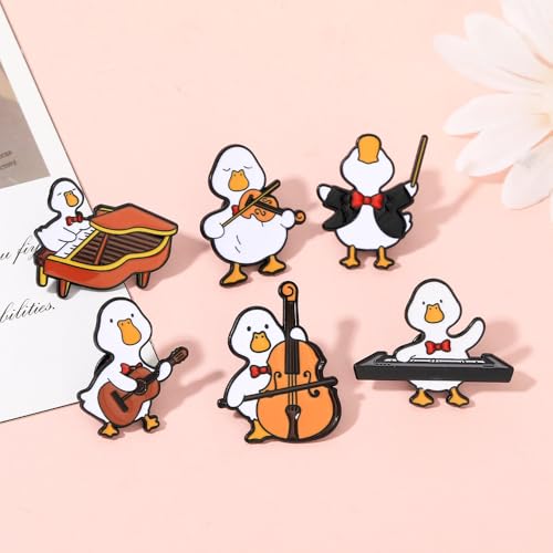 Novelty Duck Music Band Cartoon Brooch for Women Men 6PCS Set Creative Cute Funny White Ducky Guitar Piano Violin Pins Enamel Animal Brooches Lapel Badge Jacket Backpacks Bags Clothing Accessories
