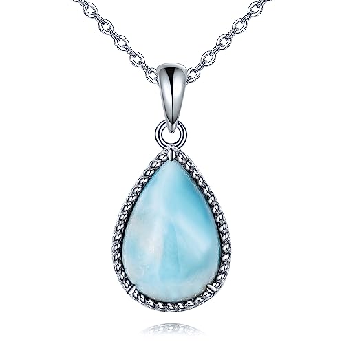 VONALA Sterling Silver Necklace Moss Agate/Turquoise/Larimar/Aquamarine/Opal/Black Onyx/Rose Quartz/Moonstone Pendant Teardrop Necklace Jewelry Gift for Women - style: Larimar