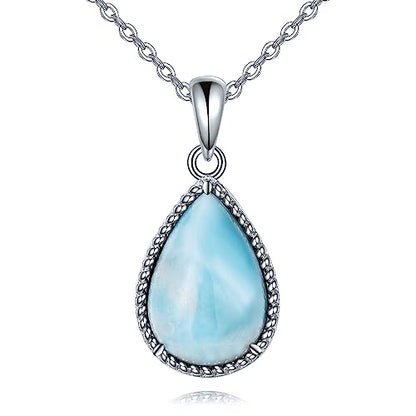 VONALA Sterling Silver Necklace Moss Agate/Turquoise/Larimar/Aquamarine/Opal/Black Onyx/Rose Quartz/Moonstone Pendant Teardrop Necklace Jewelry Gift for Women - style: Larimar