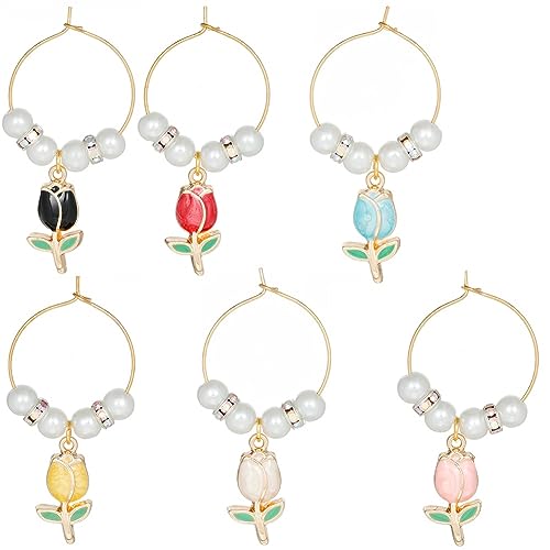 SUNNYCLUE 12 Sets Wine Glass Charms Drink Identifiers Enamel Spring Floral Tulip Flower Charms Imitation Pearl Beading Hoops Wine Glass Identication Rings for Party Favor - style: 12 Sets Golden Tone Tulip Flowers Drink Identifiers & Upgraded Gift Box