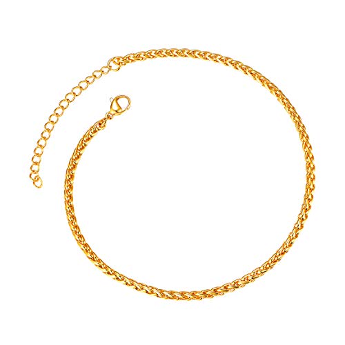 ChainsPro Resizable Anklet Chain for Women Men, Figaro/Wheat/Twist Rope/Cuban Foot Bracelet-Strong with Good Clasp-18K Gold Plated(Send Gift Box) - color: 10:wheat-Gold Plated