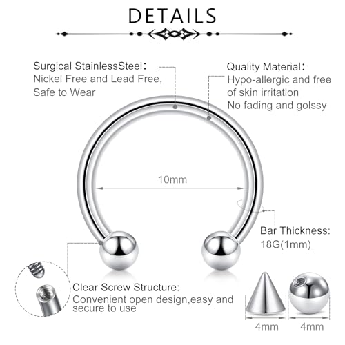 D.Bella 22G 20G 18G 16G 14G 12G 10G 8G 6G 4G 2G 0G 00G Surgical Steel Nose Septum Horseshoe Hoop Eyebrow Lip Navel Belly Nipple Piercing Ring Helix Tragus Daith Rook Captive Earrings Replacement Spikes - color: A1 -4pcs, silver & black, size: 16g,10mm inn