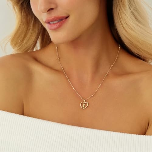 Cicy Bell Womens Heart Initial Necklace 18k Gold Plated | Personalized Letter Pendant, 17.7'' with 2'' Extender - color: Style 2-I-Gold