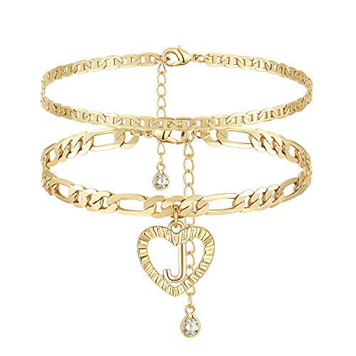 YANODA Initial Ankle Bracelets for Women 14K Gold Plated Layered Figaro Chain Letter Initial Anklets Handmade Layered Heart Ankle Bracelets Personalized Jewelry for Women - color: J