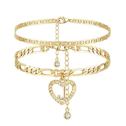 YANODA Initial Ankle Bracelets for Women 14K Gold Plated Layered Figaro Chain Letter Initial Anklets Handmade Layered Heart Ankle Bracelets Personalized Jewelry for Women - color: J