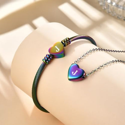 MYNENEY Necklace and Bracelet for Women Stainless Steel Initial Jewelry Set - color: Rainbow-J