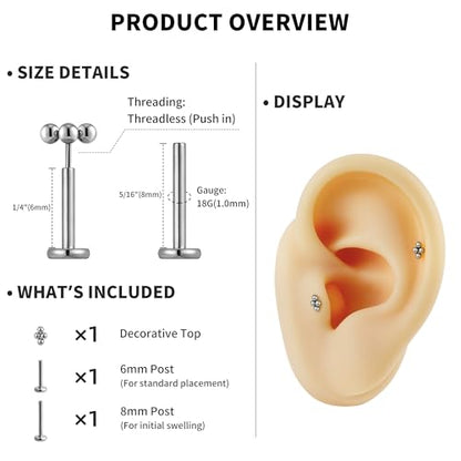 1PC ASTM F136 Titanium Mini Threadless Flat Back Stud 18G 6mm 8mm for Conch Helix Flat Tragus Labret - color: Diamond Cluster - Tit