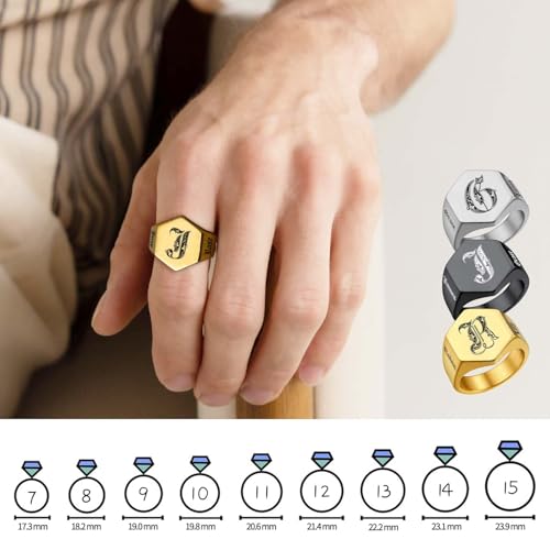 Custom Signet Ring for Men Personalized Initial Ring Custom Mens Rings Engraved Ring Customized Memorial Graduation Gifts for Father Husband Boyfriend Friends - color: Hexagon Gold