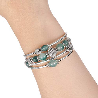 PEARL&CLUB Beaded Chakra Bangle Turquoise Bracelet - Fashion Jewelry Wrap Bracelet with Thick Silver Metal and Mala Beads, Birthday Gifts For Women - color: Jade Green